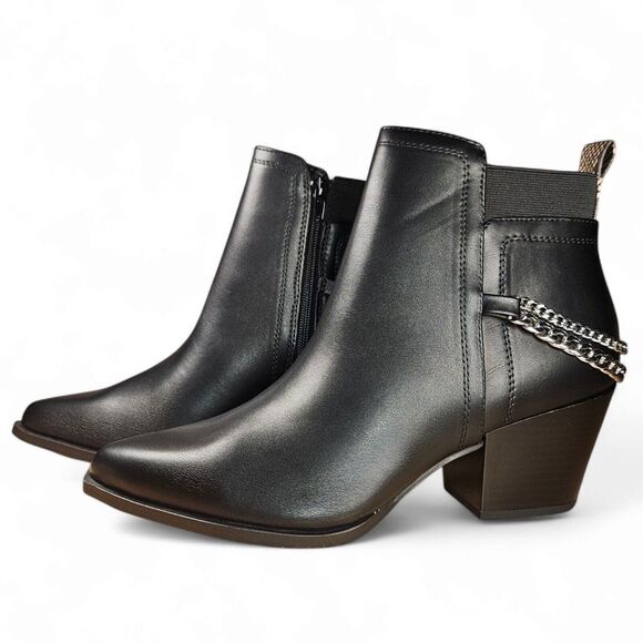 Size 10 Black Ankle Booties Silver Chains Side Zip Snakeskin Detail Pointed SODA - Picture 8 of 14